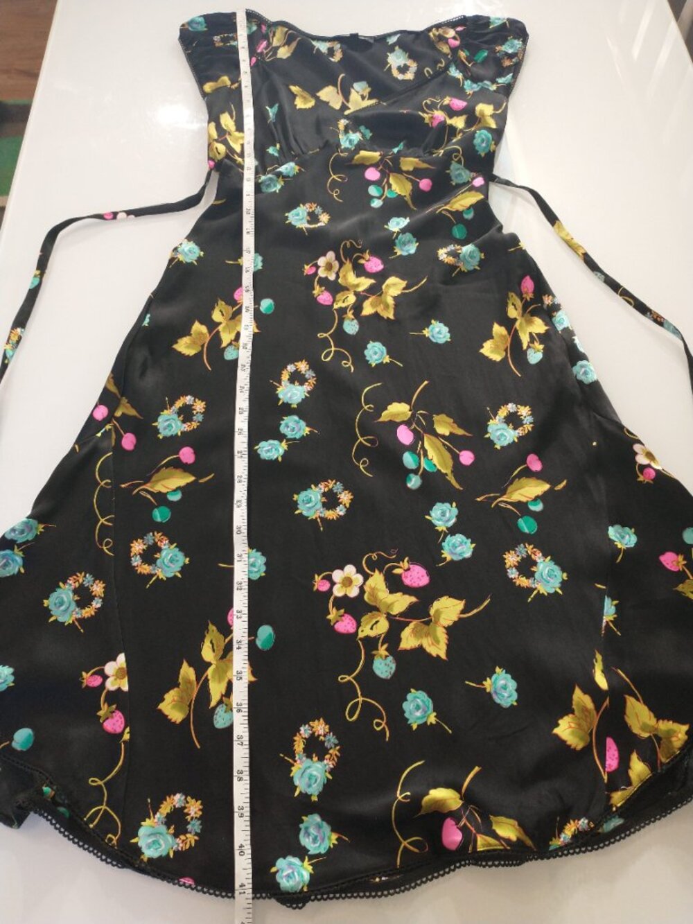 VTG 90s Betsey Johnson Black Silk Cherry Strawberry Floral Fruit Slip Midi Dress - Picture 16 of 16